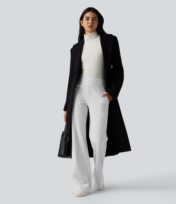 Mid Rise Stripes Work Flare Pants with Zip Pockets