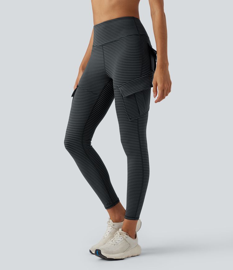 High Waisted Stripes 7/8 Yoga Cargo Leggings with Pockets