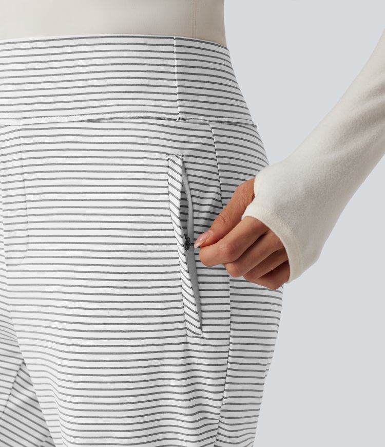 Mid Rise Stripes Work Flare Pants with Zip Pockets