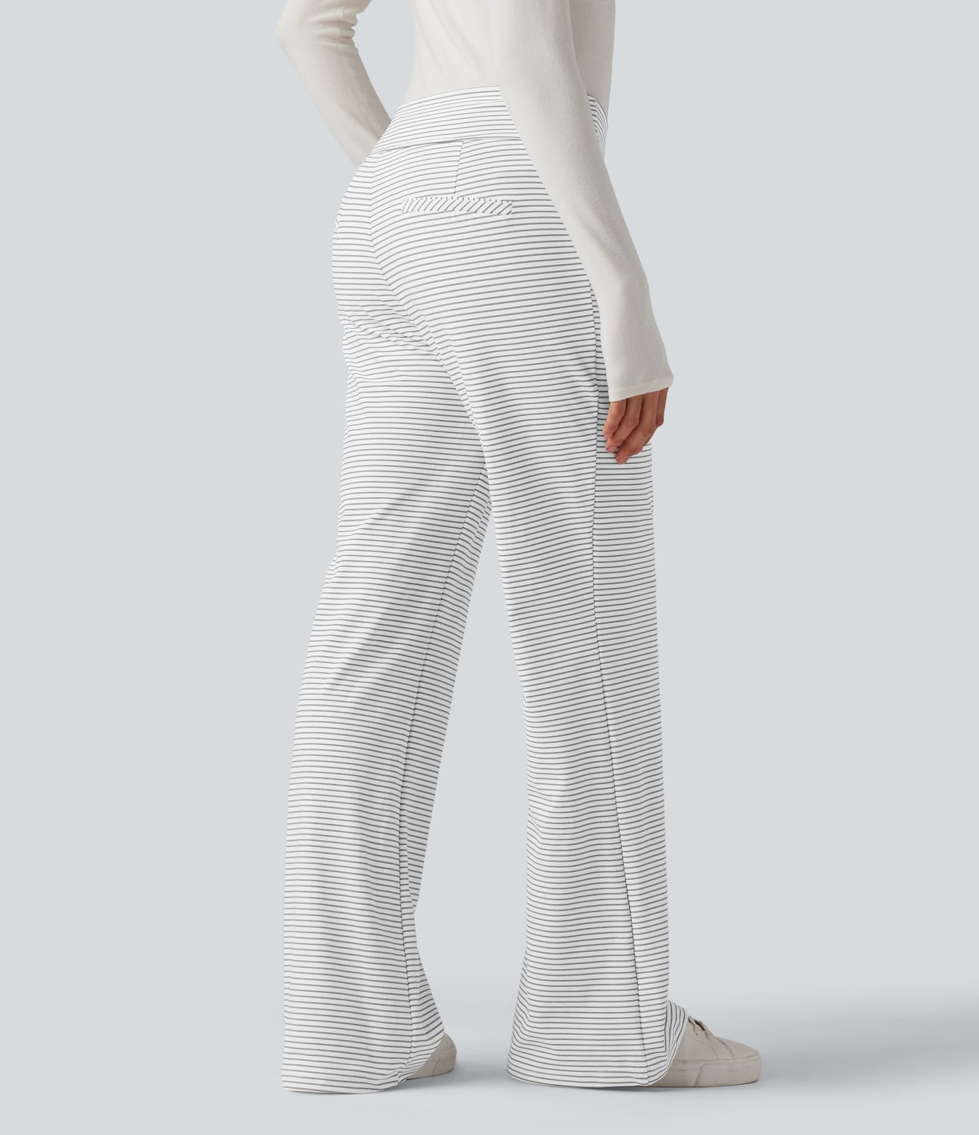 Mid Rise Stripes Work Flare Pants with Zip Pockets