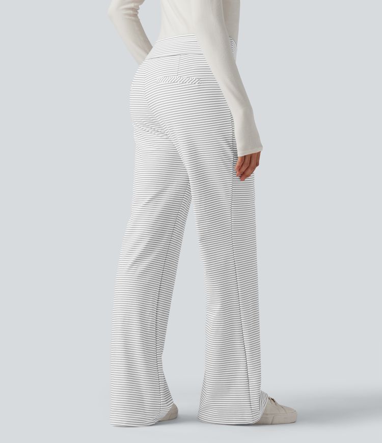 Mid Rise Stripes Work Flare Pants with Zip Pockets