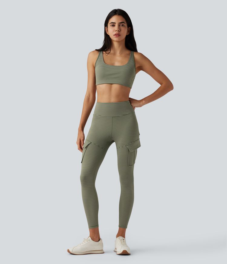 High Waisted Stripes 7/8 Yoga Cargo Leggings with Pockets