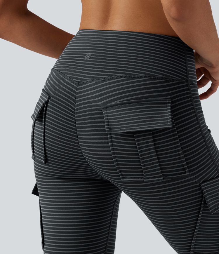 High Waisted Stripes 7/8 Yoga Cargo Leggings with Pockets