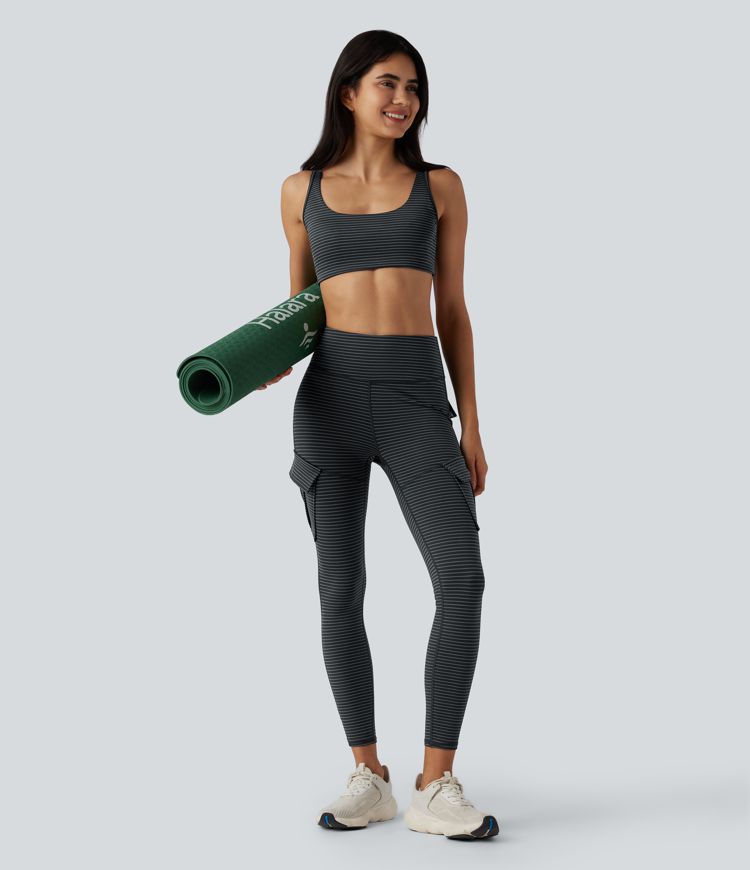 High Waisted Stripes 7/8 Yoga Cargo Leggings with Pockets