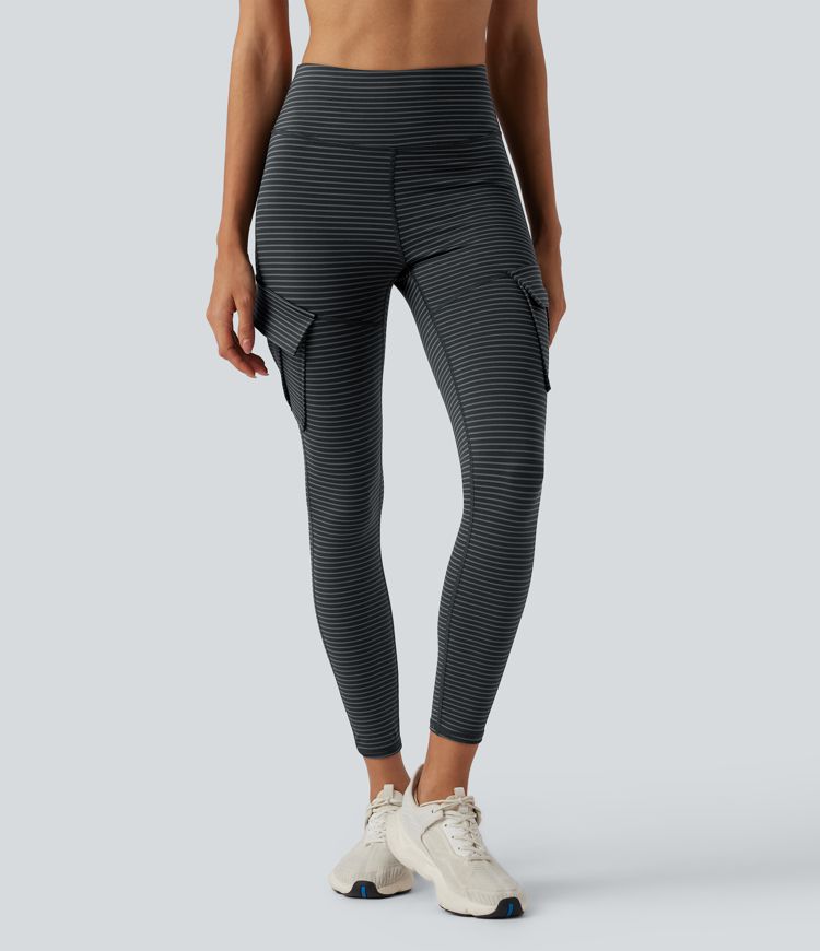 High Waisted Stripes 7/8 Yoga Cargo Leggings with Pockets