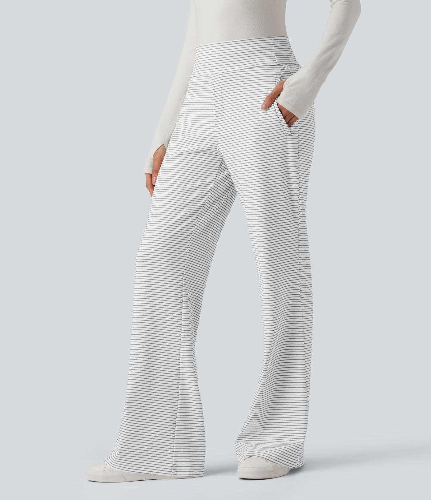 Mid Rise Stripes Work Flare Pants with Zip Pockets