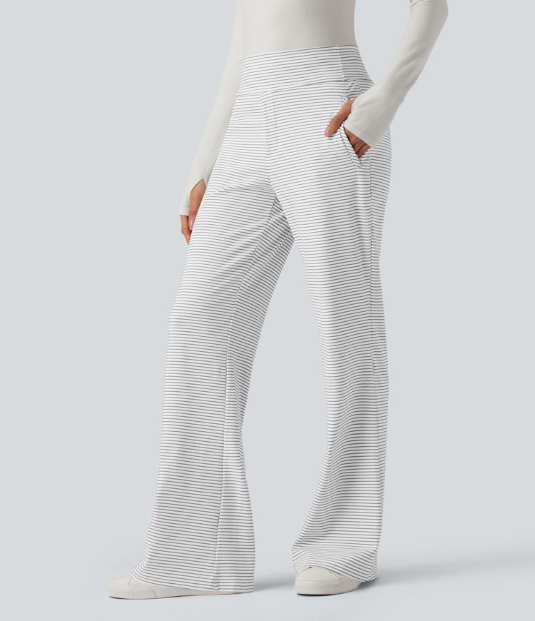 Mid Rise Stripes Work Flare Pants with Zip Pockets
