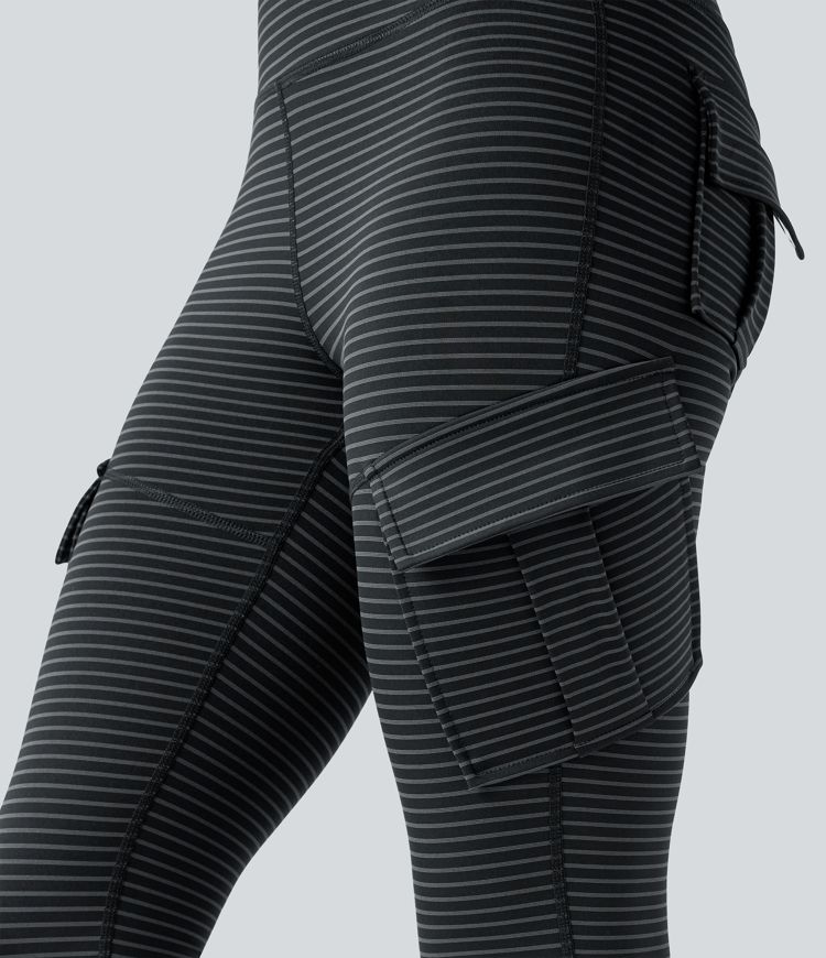 High Waisted Stripes 7/8 Yoga Cargo Leggings with Pockets