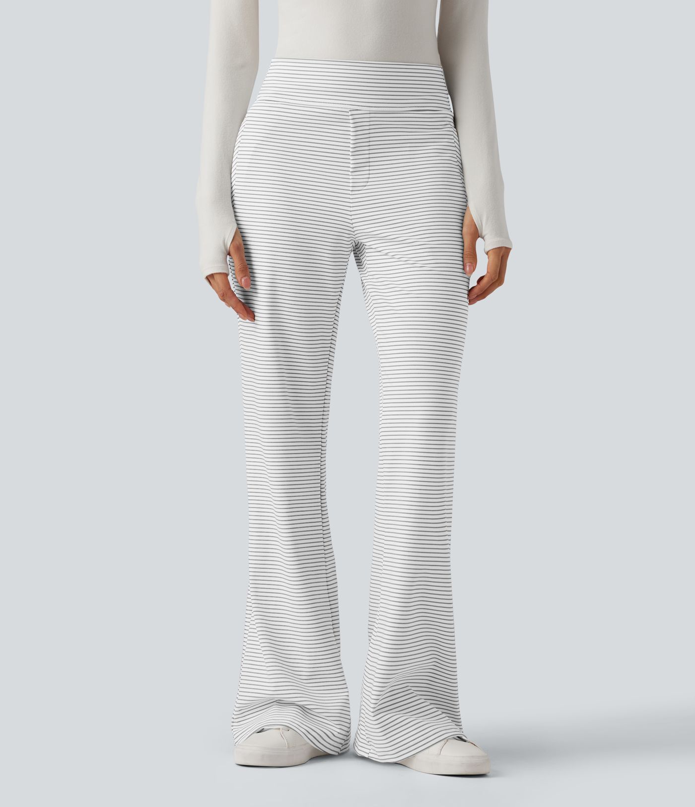 Mid Rise Stripes Work Flare Pants with Zip Pockets