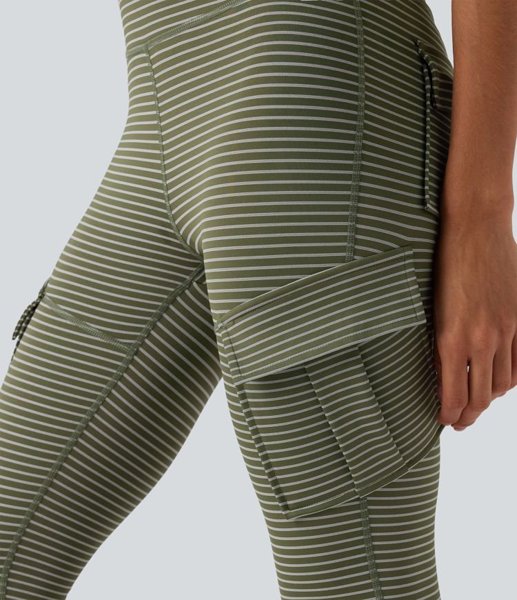 High Waisted Stripes 7/8 Yoga Cargo Leggings with Pockets