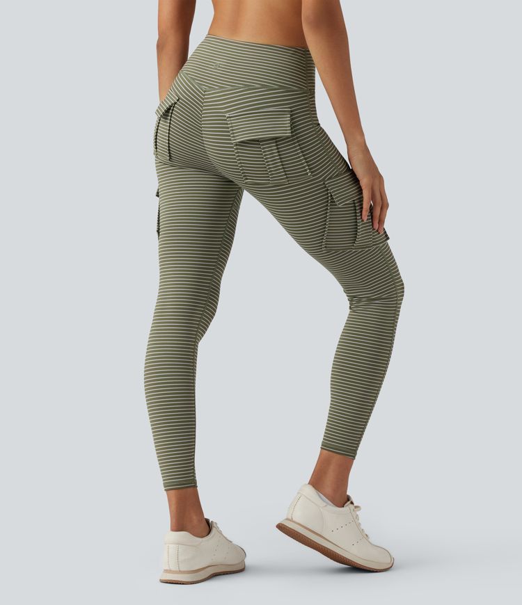 High Waisted Stripes 7/8 Yoga Cargo Leggings with Pockets