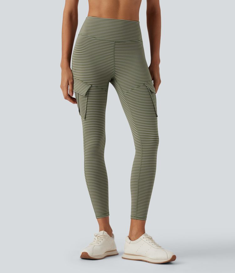 High Waisted Stripes 7/8 Yoga Cargo Leggings with Pockets
