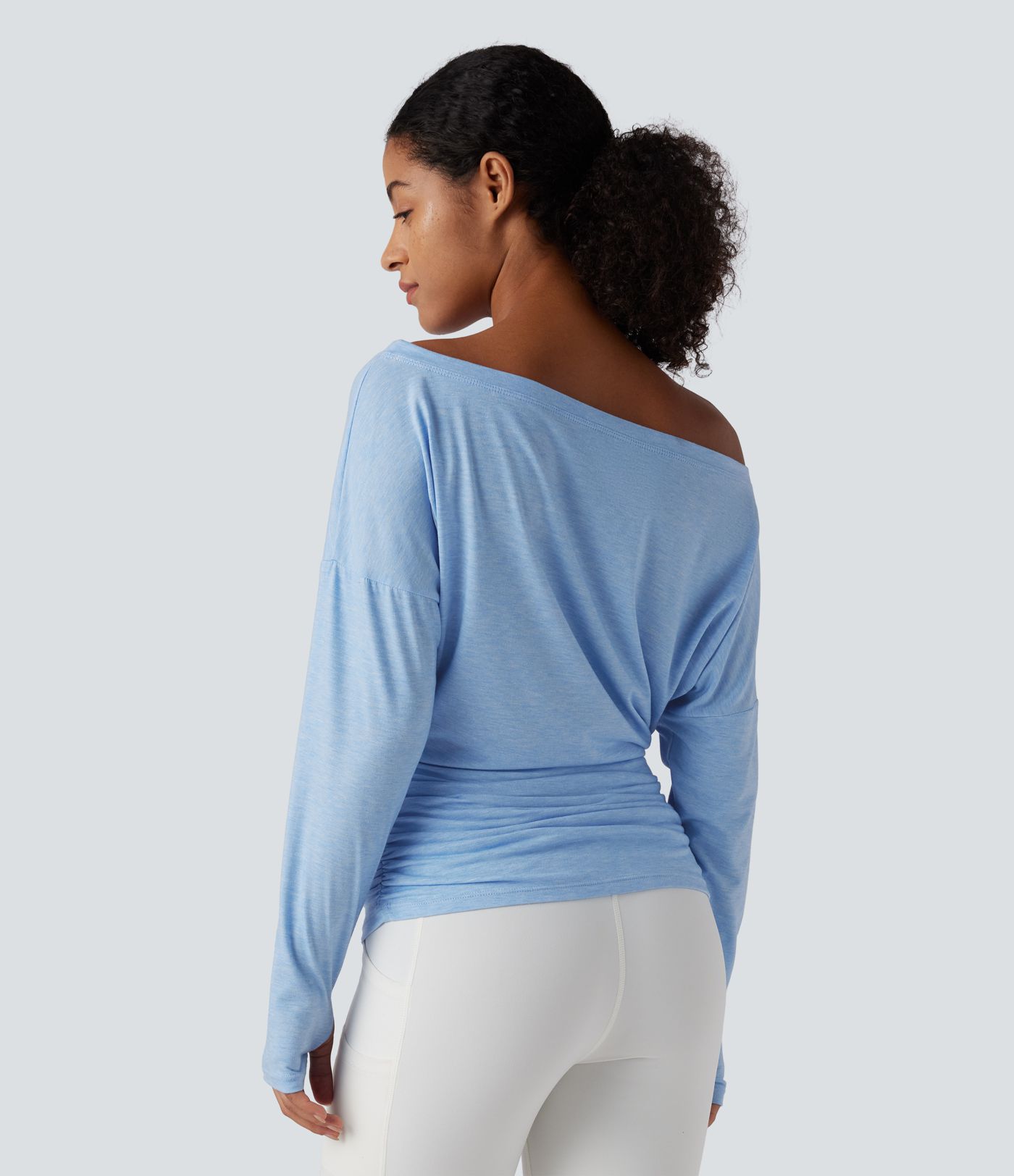 One Shoulder Long Sleeve Thumb Hole Ruched Yoga Sports Top