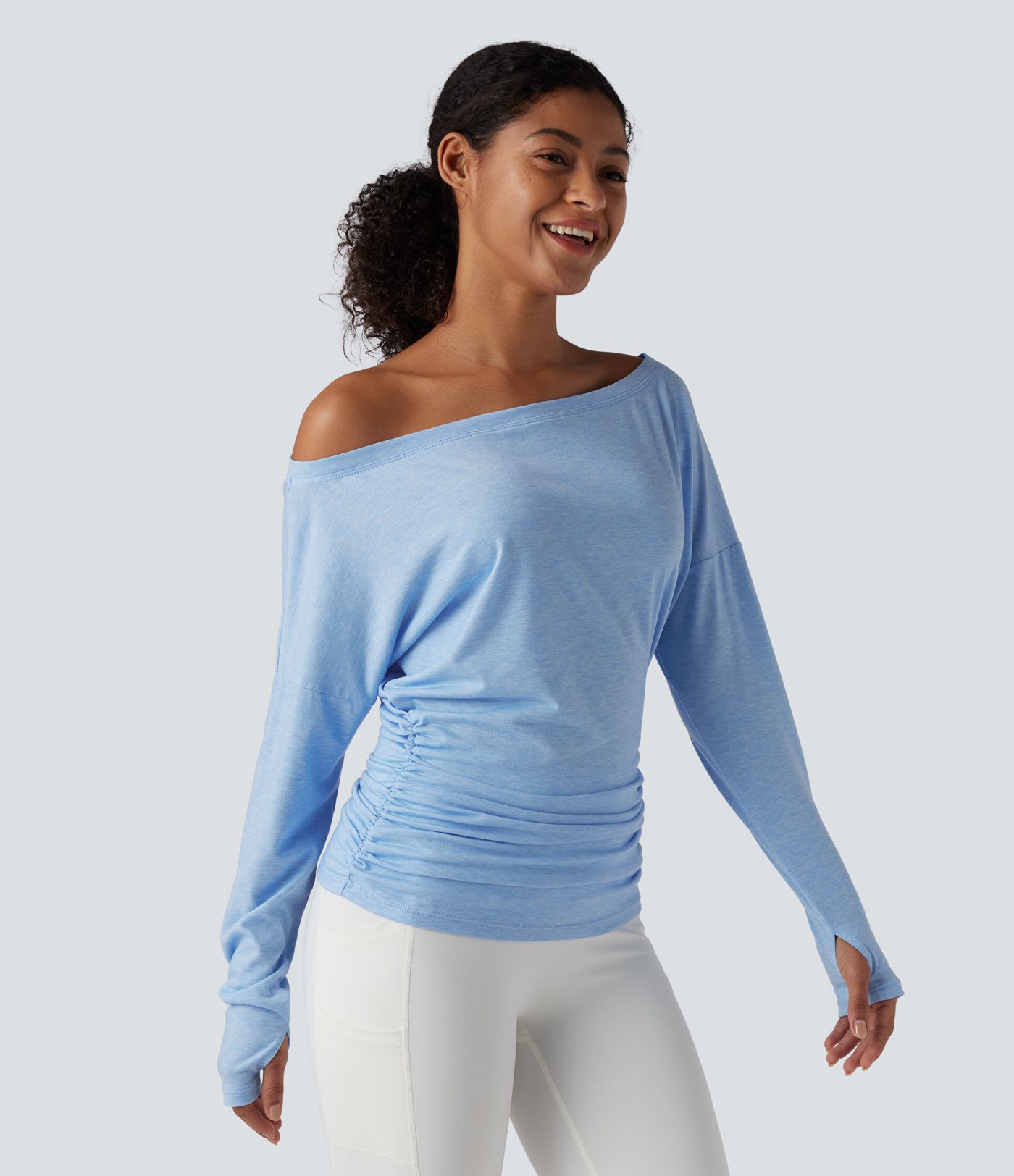 One Shoulder Long Sleeve Thumb Hole Ruched Yoga Sports Top