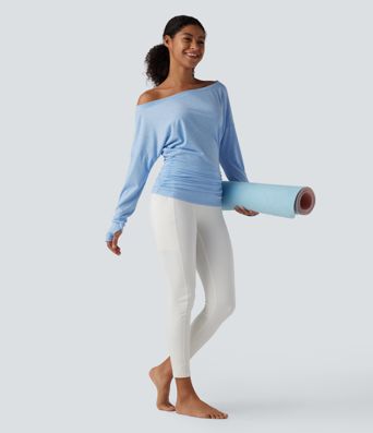 One Shoulder Long Sleeve Thumb Hole Ruched Yoga Sports Top