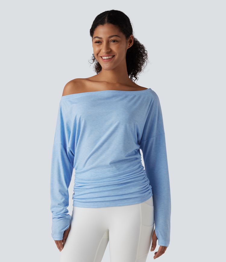 One Shoulder Long Sleeve Thumb Hole Ruched Yoga Sports Top