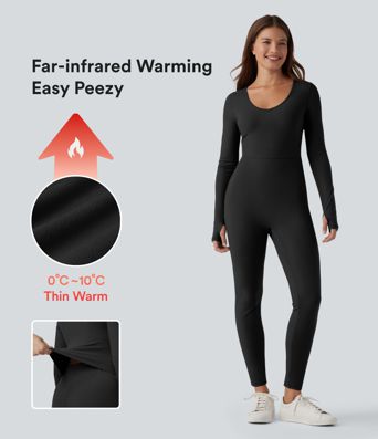 Lässiger, figurbetonter Jumpsuit mit V-Ausschnitt, langen Ärmeln und Daumenlöchern - wärmend, Easy Peezy
