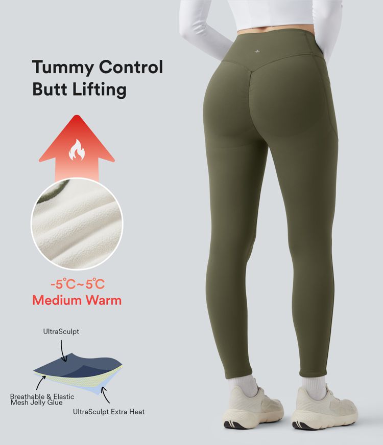 Halara UltraSculpt™ Extra Heat - Yoga-Leggings mit hohem Bund, Seitentaschen, Booty-Scrunch und Bauchkontrolle - Po-Lifting