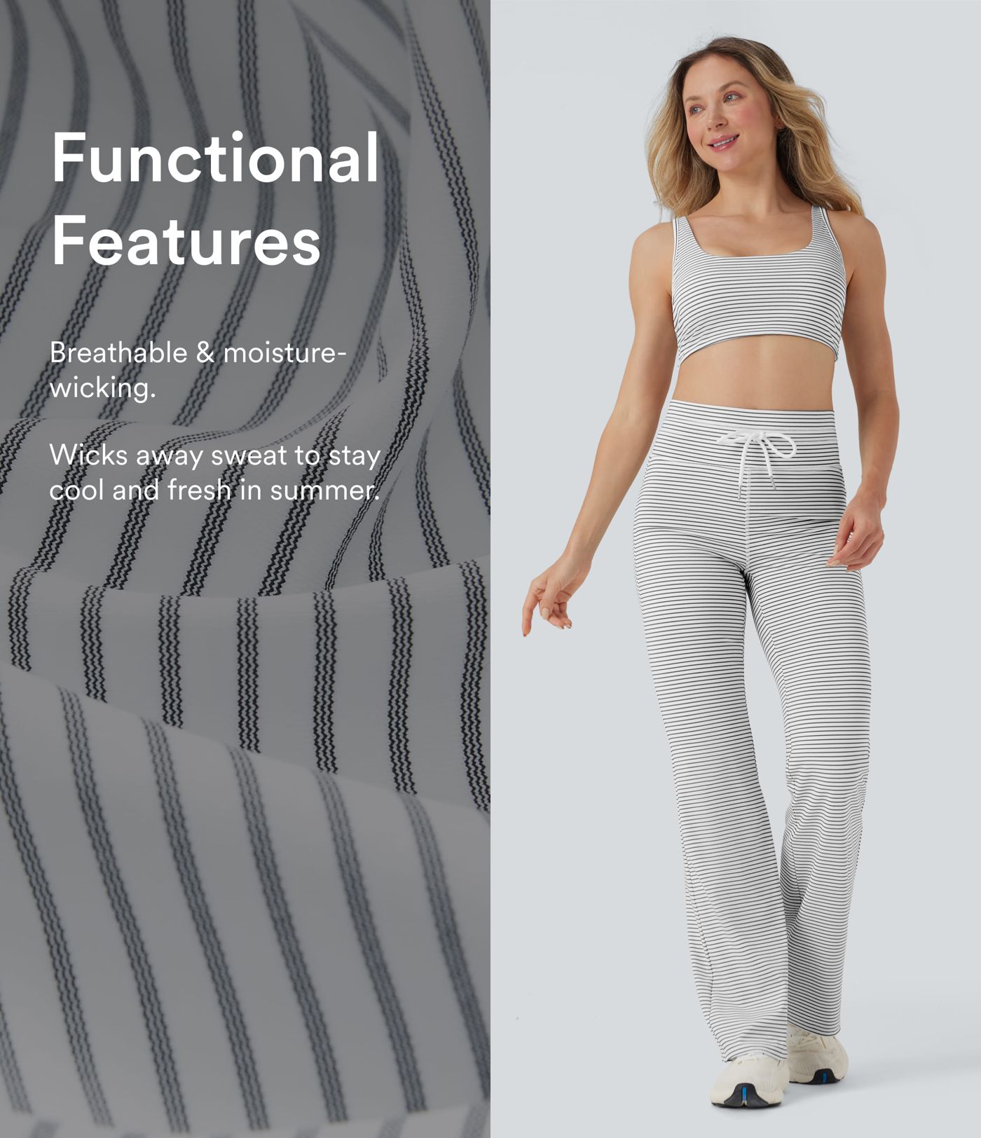 Háir mittunarsaumur röndóttar jóga buxur með vösum