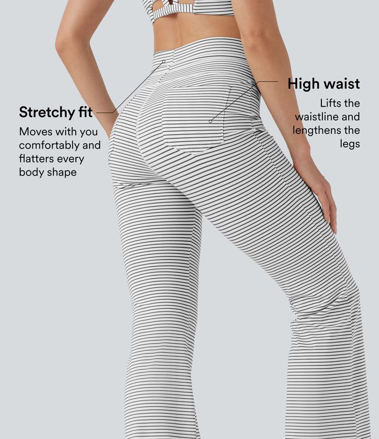 Höga midjade randiga yogabyxor med vida ben och fickor med dragsko