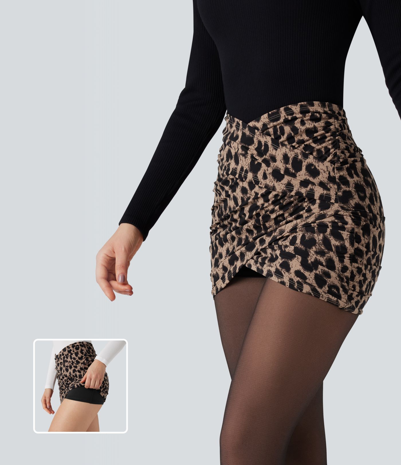 Halara UltraSculpt™ z vzorcem leoparda, križno zasnovano visokopasno 2-v-1 oprijeto mini krilo za zabavo