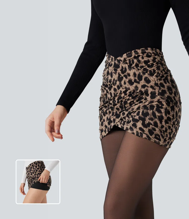 Toffee Leopard Halara UltraSculpt™ Leopard Print Crossover High Waisted 2-in-1 Bodycon Mini Party Skirt / 1