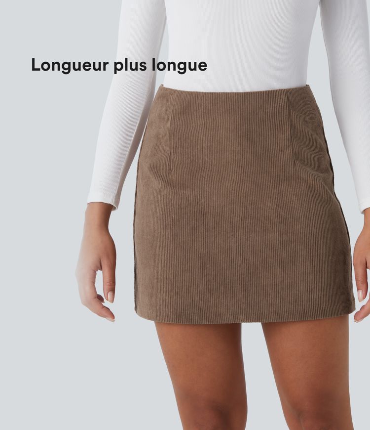 Jupe décontractée 2-en-1 en velours côtelé à taille haute, coupe évasée, longueur mini allongée et zip invisible