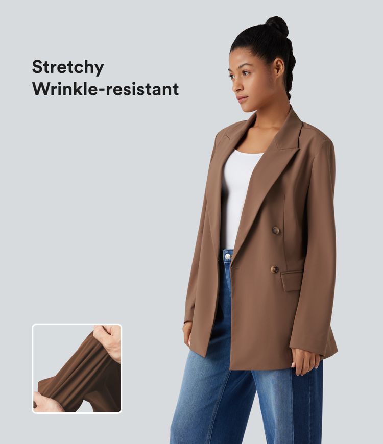 Wrinkle-resistant Notched Collar Long Sleeve Work Blazer with Pockets