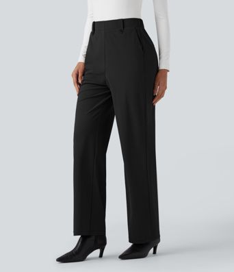Wrinkle-resistant High Waisted Straight Leg Work Pants with Pockets