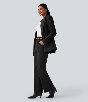 Wrinkle-resistant High Waisted Straight Leg Work Pants with Pockets