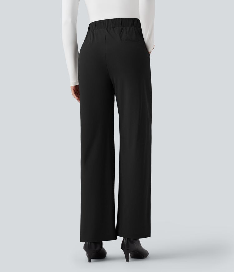 Wrinkle-resistant High Waisted Straight Leg Work Pants with Pockets