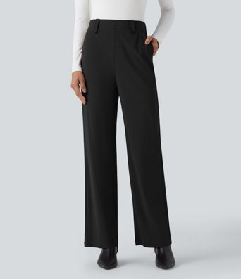 Wrinkle-resistant High Waisted Straight Leg Work Pants with Pockets