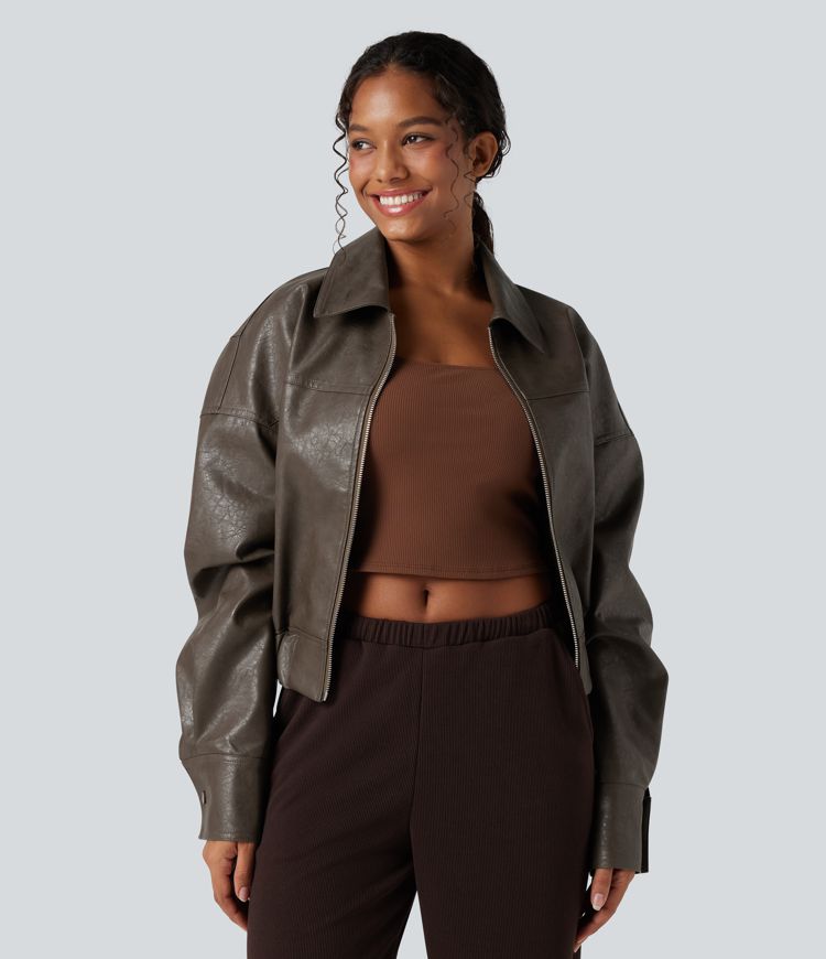 Zipper Long Sleeve Casual Faux Leather Jacket with Pockets