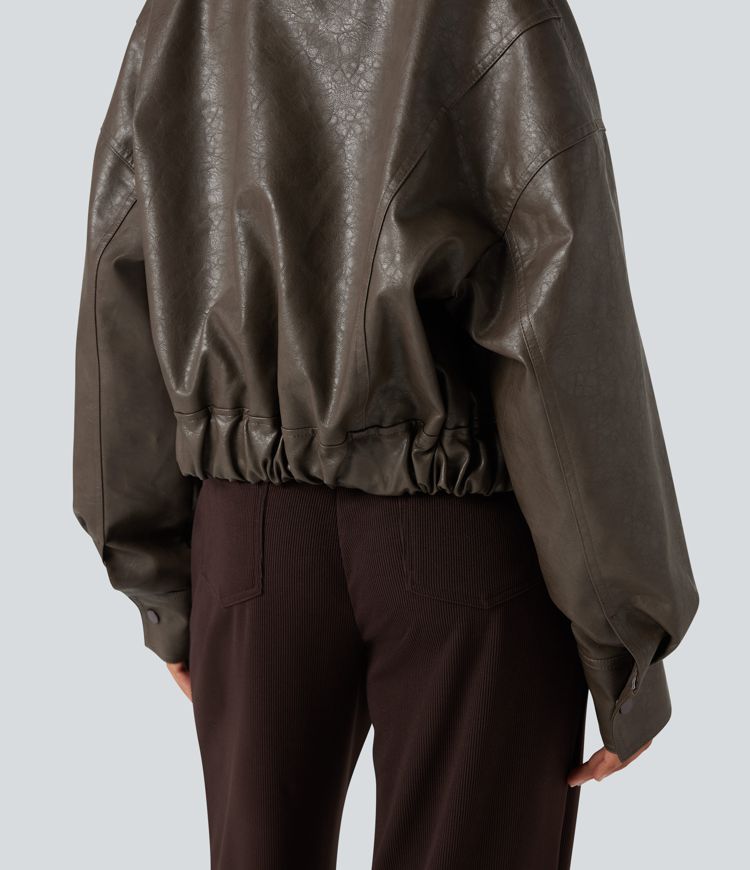 Zipper Long Sleeve Casual Faux Leather Jacket with Pockets