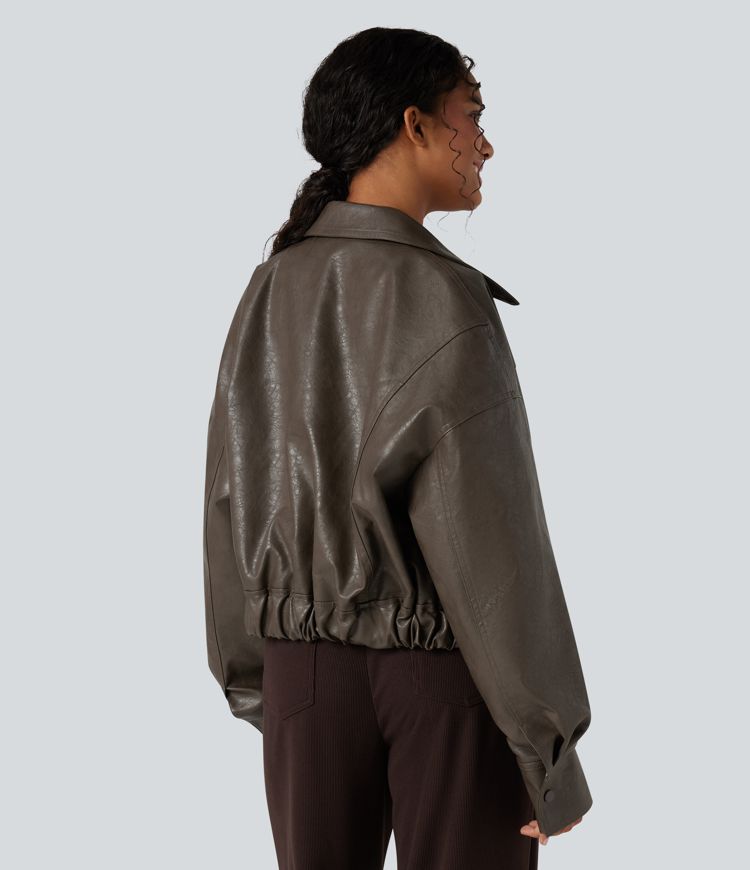 Zipper Long Sleeve Casual Faux Leather Jacket with Pockets