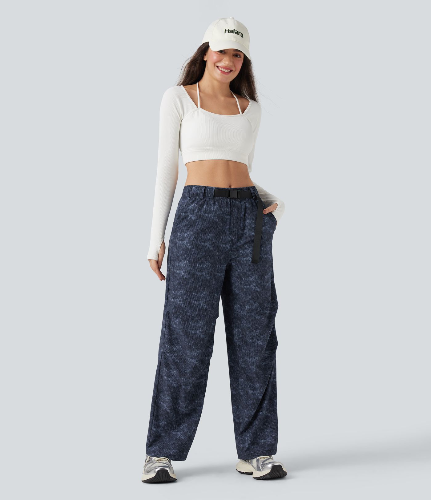 Adjustable Mid Rise Denim Print Camping Straight Leg Pants with Pockets