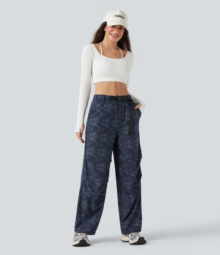 Adjustable Mid Rise Denim Print Camping Straight Leg Pants with Pockets
