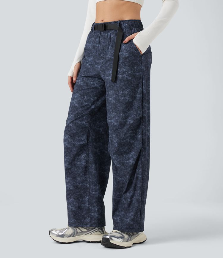 Adjustable Mid Rise Denim Print Camping Straight Leg Pants with Pockets