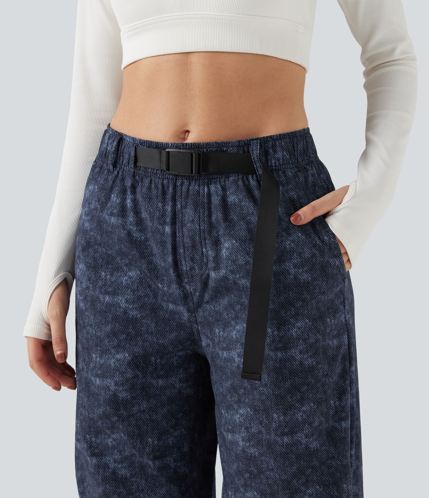 Adjustable Mid Rise Denim Print Camping Straight Leg Pants with Pockets