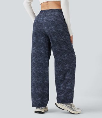 Adjustable Mid Rise Denim Print Camping Straight Leg Pants with Pockets