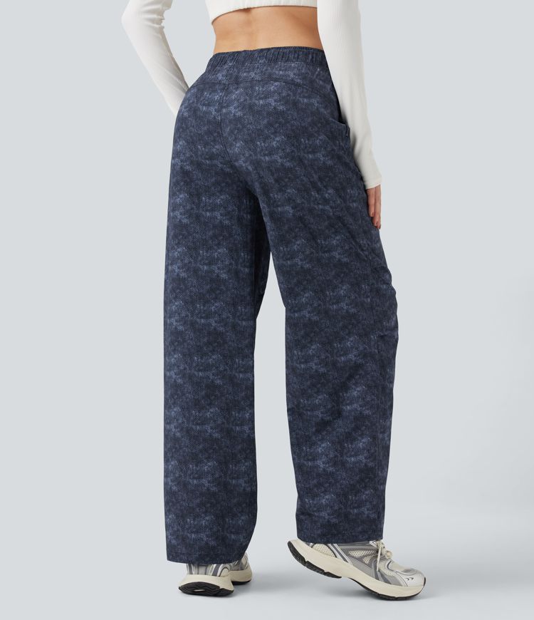 Adjustable Mid Rise Denim Print Camping Straight Leg Pants with Pockets