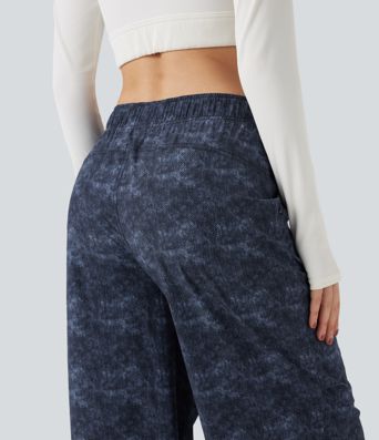 Adjustable Mid Rise Denim Print Camping Straight Leg Pants with Pockets