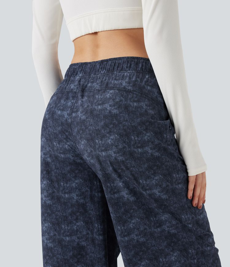 Adjustable Mid Rise Denim Print Camping Straight Leg Pants with Pockets