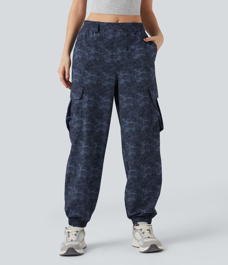 Mid Rise Denim Print Camping Cargo Joggers with Pockets