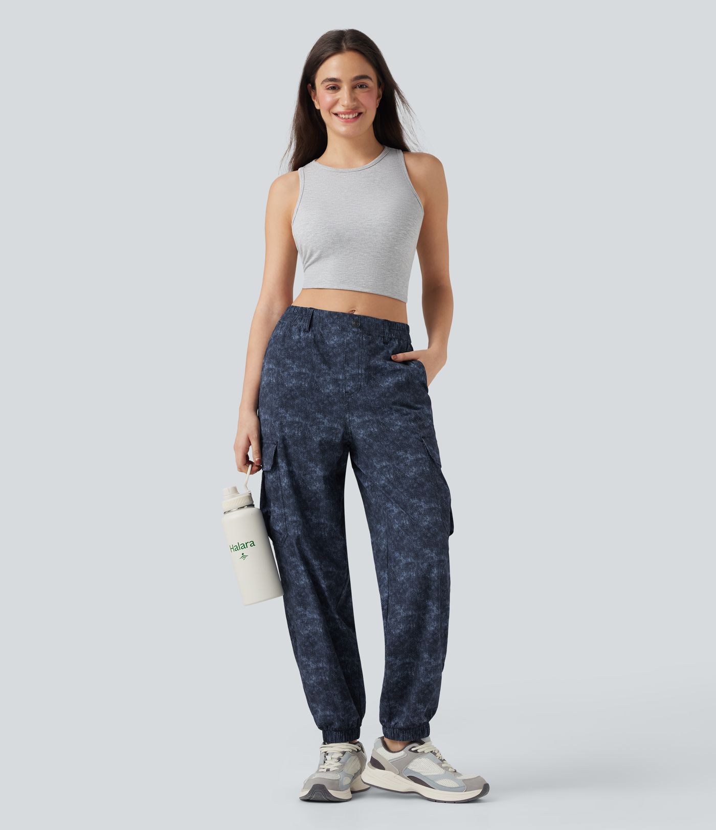 Mid Rise Denim Print Camping Cargo Joggers with Pockets