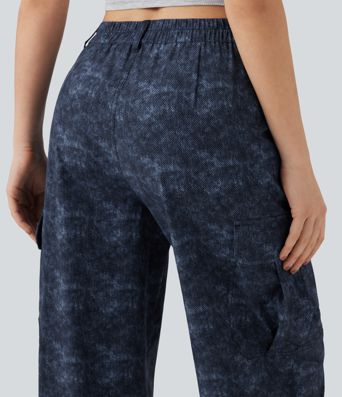 Mid Rise Denim Print Camping Cargo Joggers with Pockets