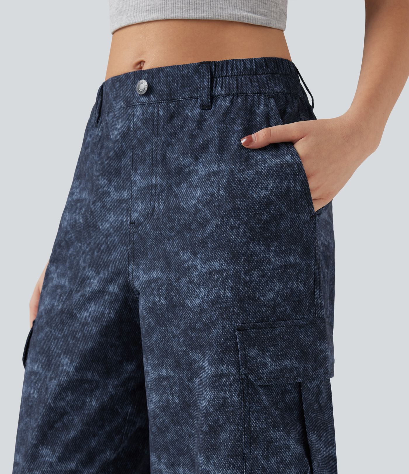 Mid Rise Denim Print Camping Cargo Joggers with Pockets