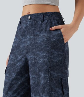 Mid Rise Denim Print Camping Cargo Joggers with Pockets