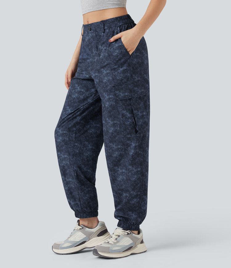 Mid Rise Denim Print Camping Cargo Joggers with Pockets