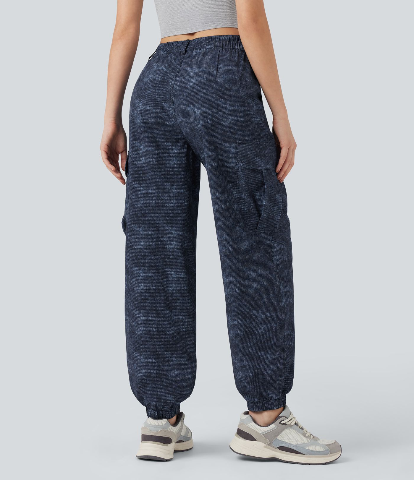 Mid Rise Denim Print Camping Cargo Joggers with Pockets